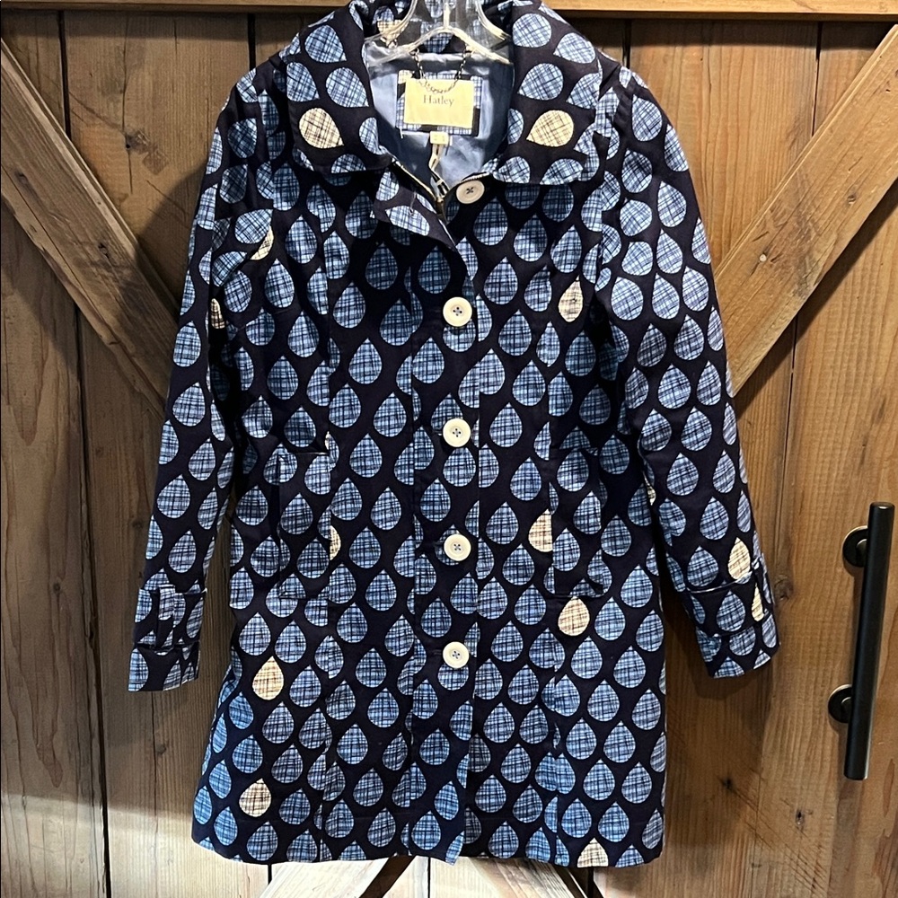 Women’s Hatley Navy Cotton Canvas Raindrop Raincoat Removable Hood US 4 UK 8